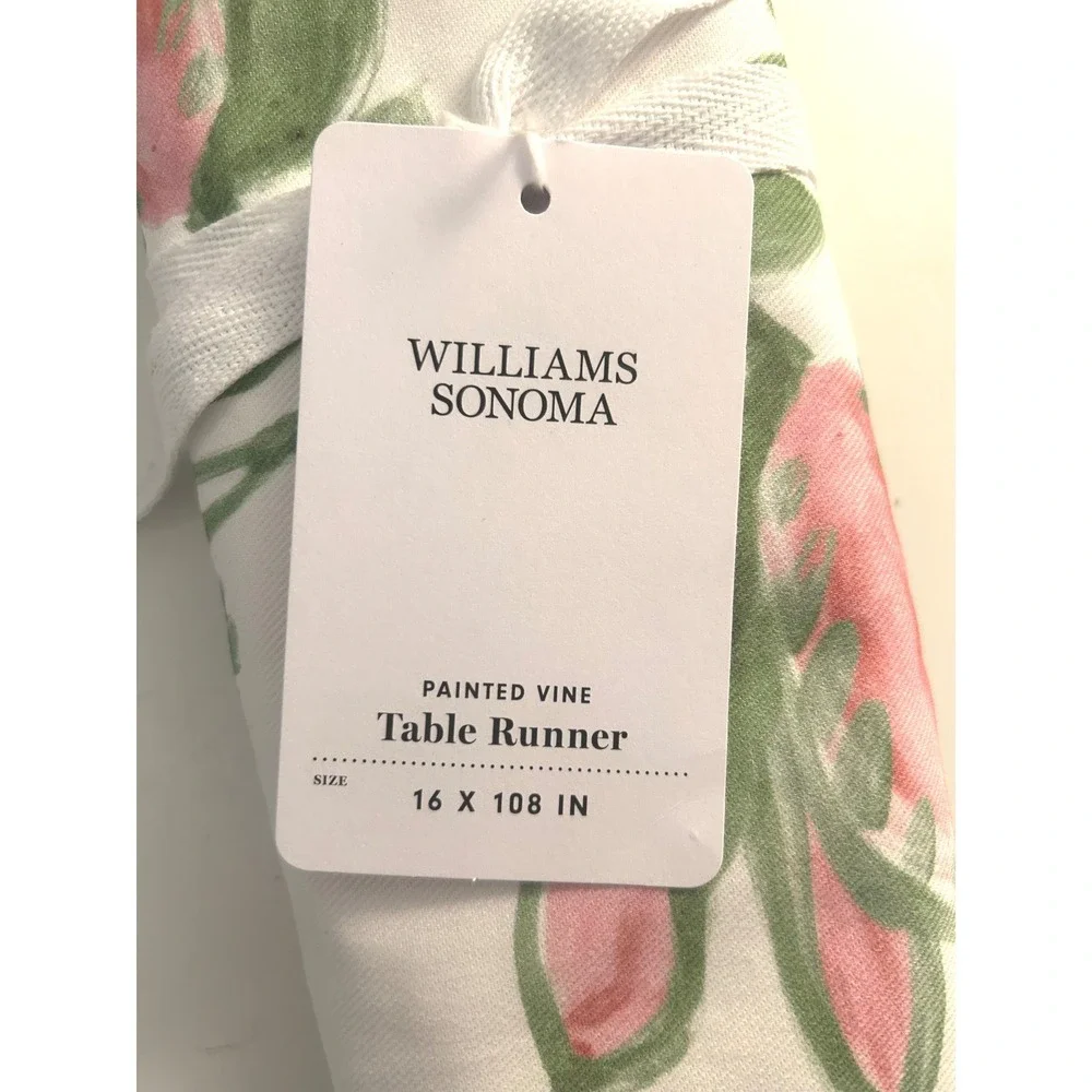 Williams Sonoma Pink Green Painted Vine Floral Table Runner 16x108 New!